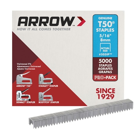 ARROW FASTENER Heavy Duty Staples, 18 ga, Flat Crown, 5/16 in Leg L, Steel 505IP